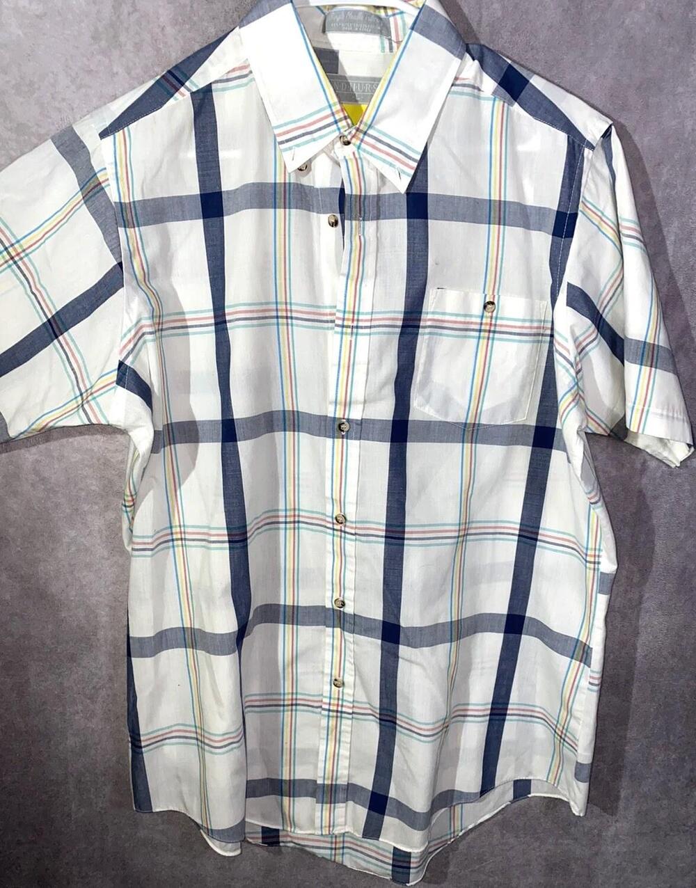 Andhurst Shirt Mens L White Plaid Button Up Short Sleeve Pockets Polyester